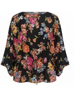 Chaps Floral Satin Cinch Waist Top Womens 3X Navy Multicolor Kimono Sleeve Boho